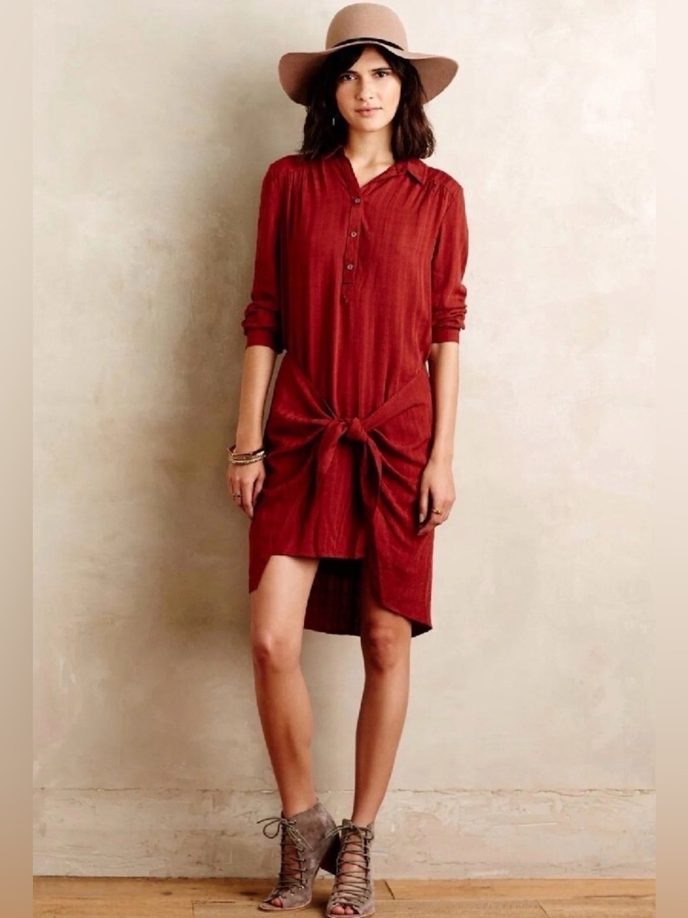 Anthropologie Maeve Bloomsbury tie front dress in rust